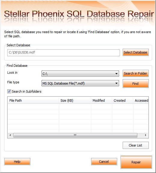 Select MDF SQL Database file